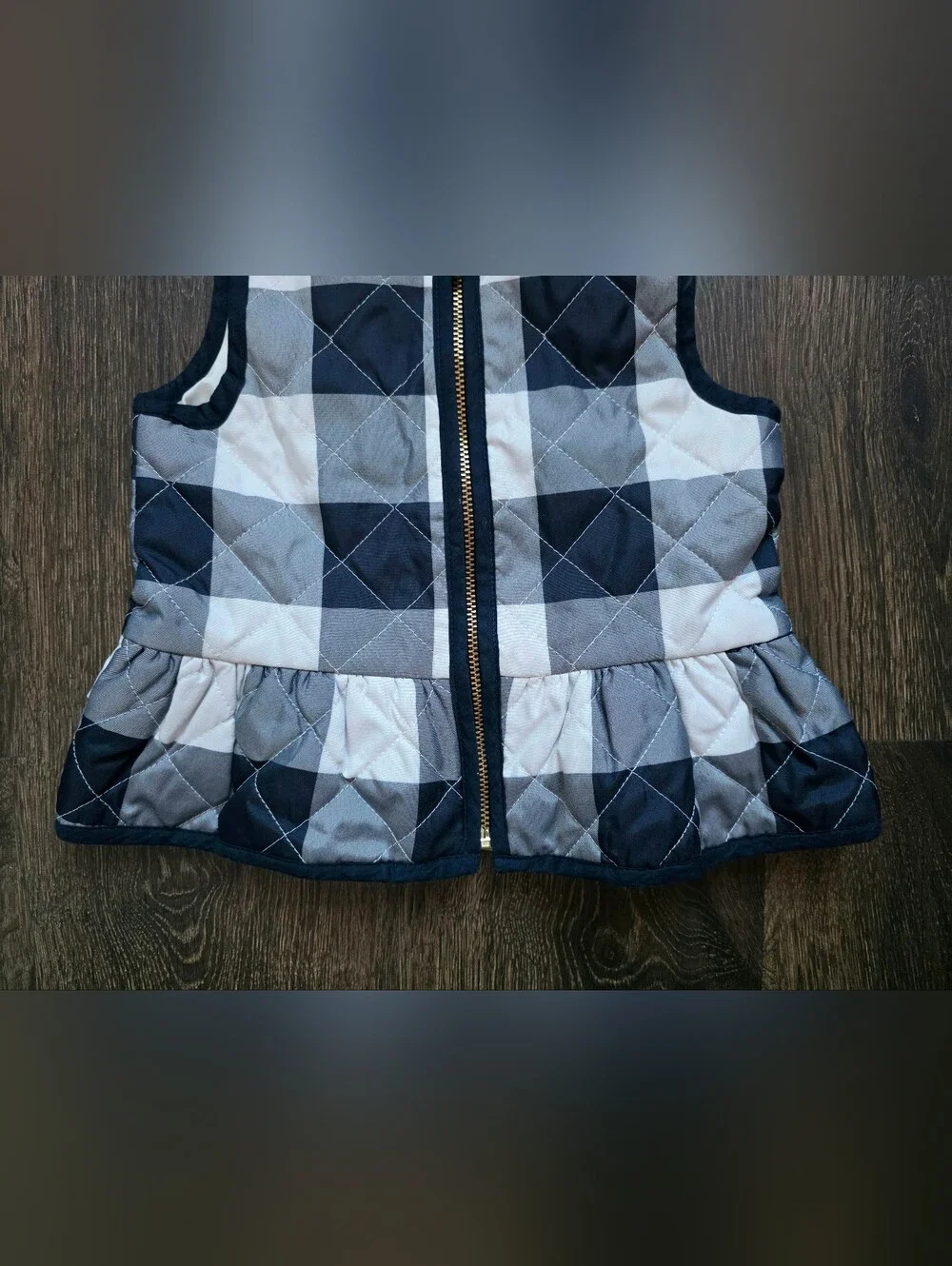 Janie & Jack navy and white buffalo plaid quilted peplum vest